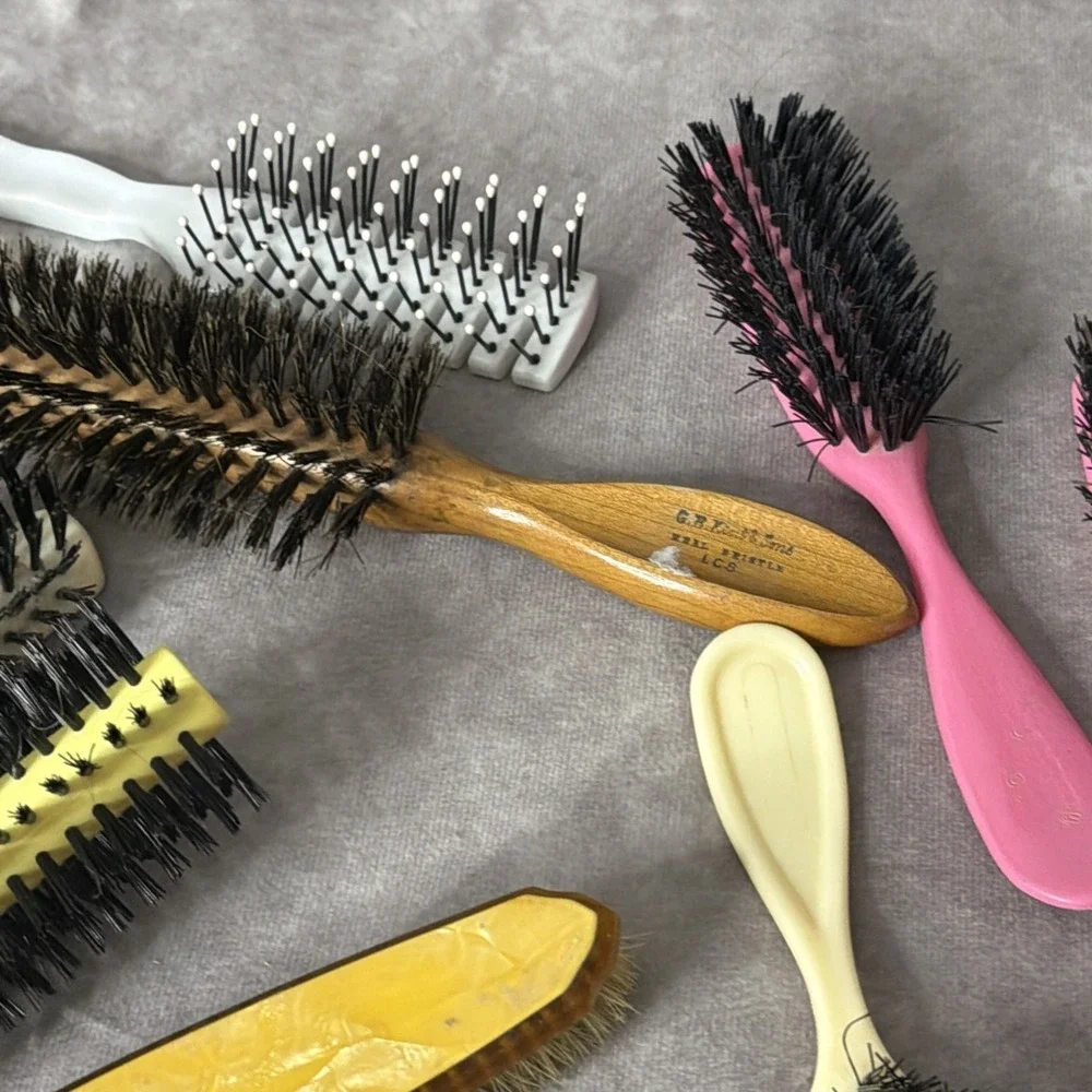 Lot of 11 Vintage Hair Brushes - clear Conair Wooden- Round